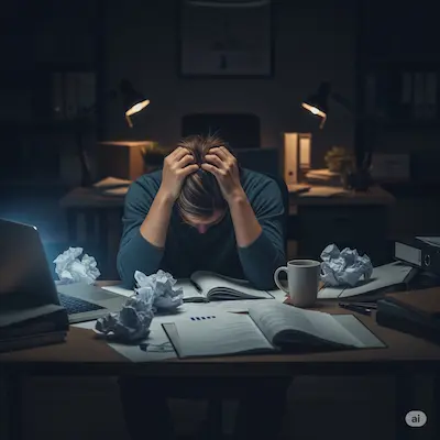 Persona agotada sobre escritorio de trabajo.