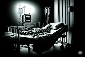 Mujer en una cama de hospital.