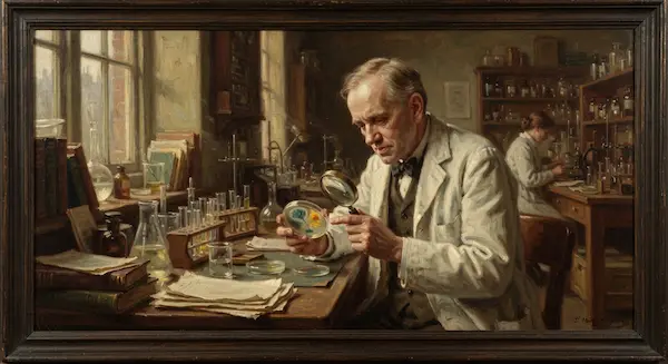 Alexander Fleming observando una placa de Petri en su laboratorio.