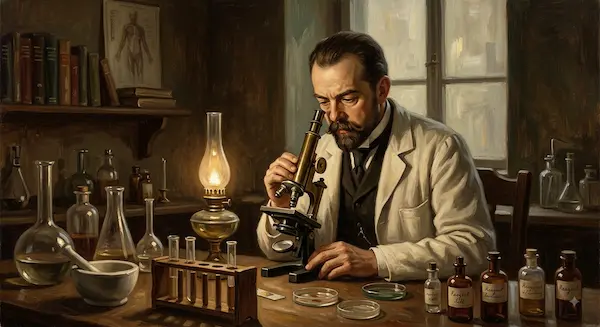 Robert Koch observando bacterias al microscopio en su laboratorio.