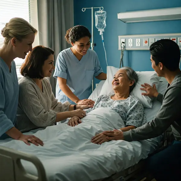 mujer mayor en la cama de hospital con familiares.