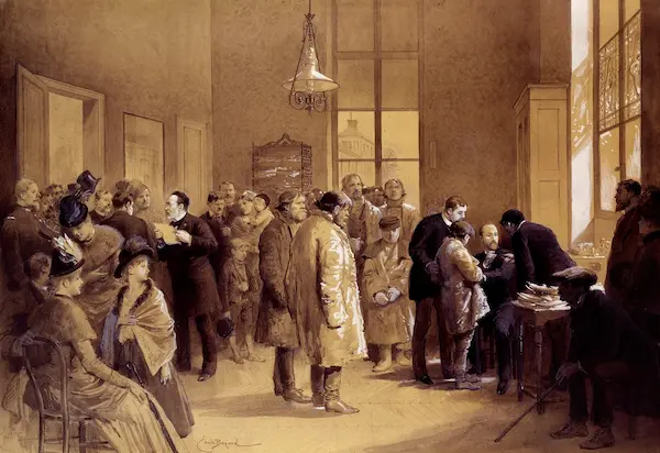 Louis Pasteur en su laboratorio analizando un frasco de vidrio.